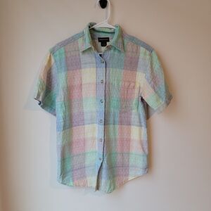 Angelique Button Up Womens Small S All Over Embroidered Pastel Patchwork Top 90s